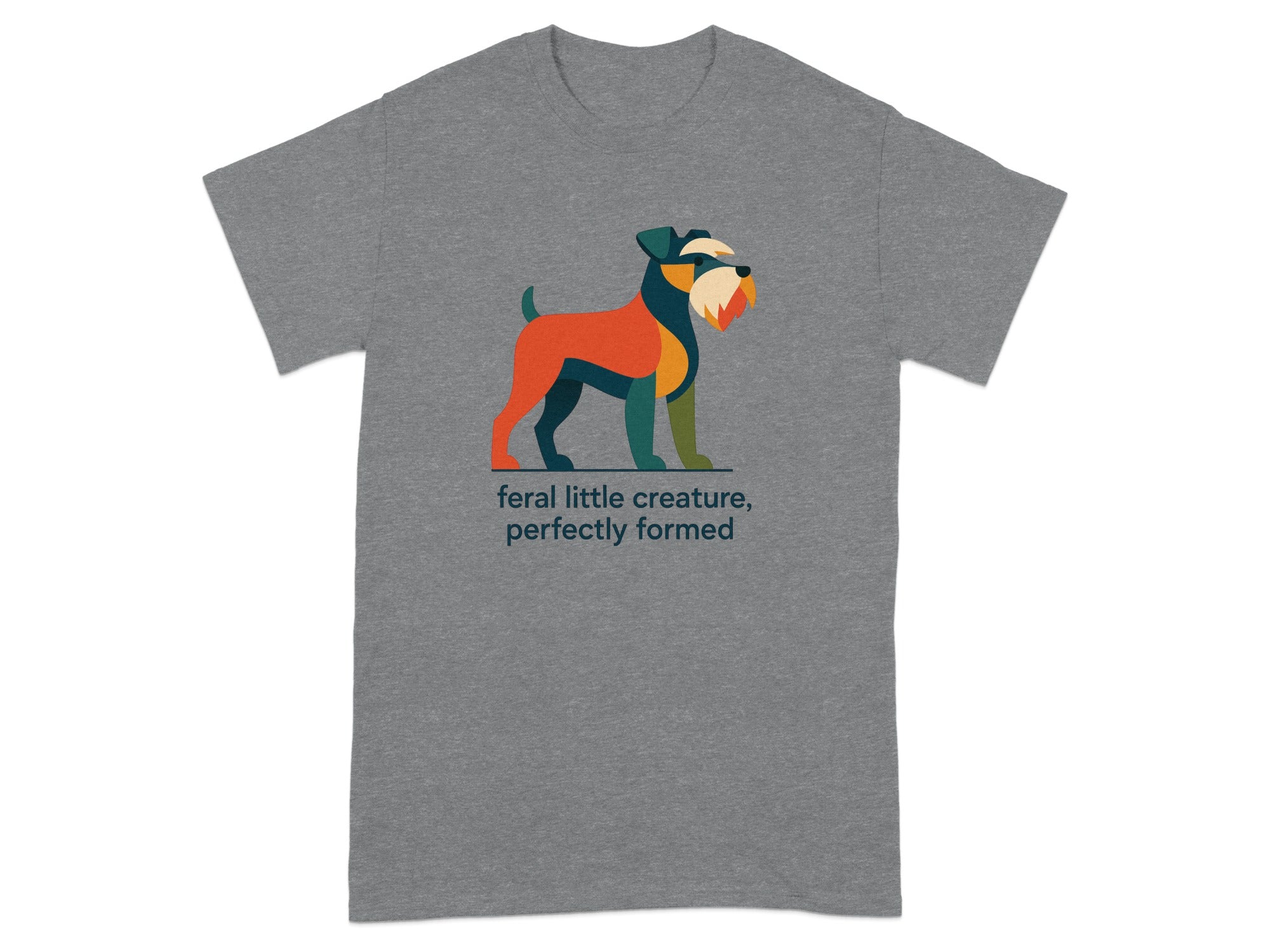 Grey t-shirt with a colorful abstract terrier and text.