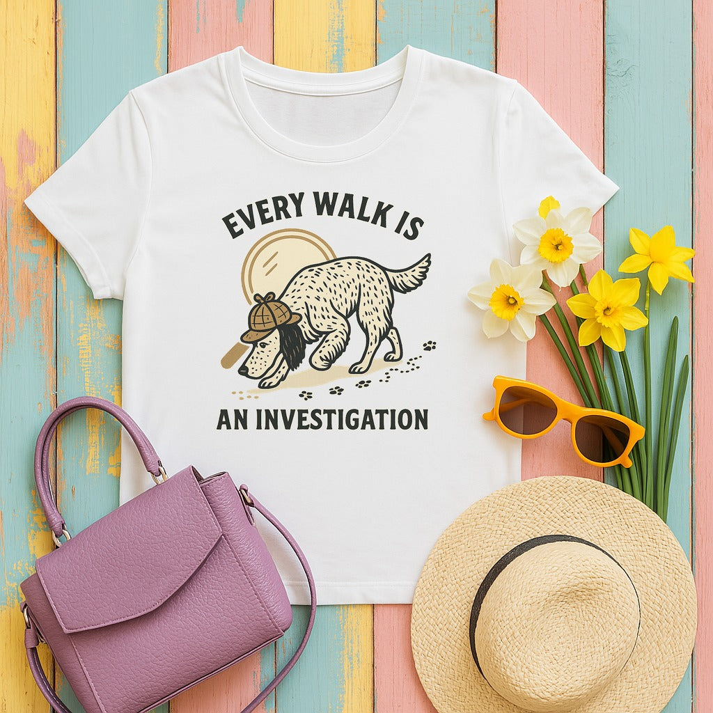 English Setter Every Walk Is an Investigation Tee in White