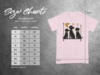 Size chart for Gildan 5000 heavy cotton t-shirt with dog graphic.