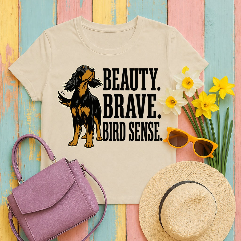 Beauty. Brave. Bird Sense. Gordon Setter T-Shirt in Sand
