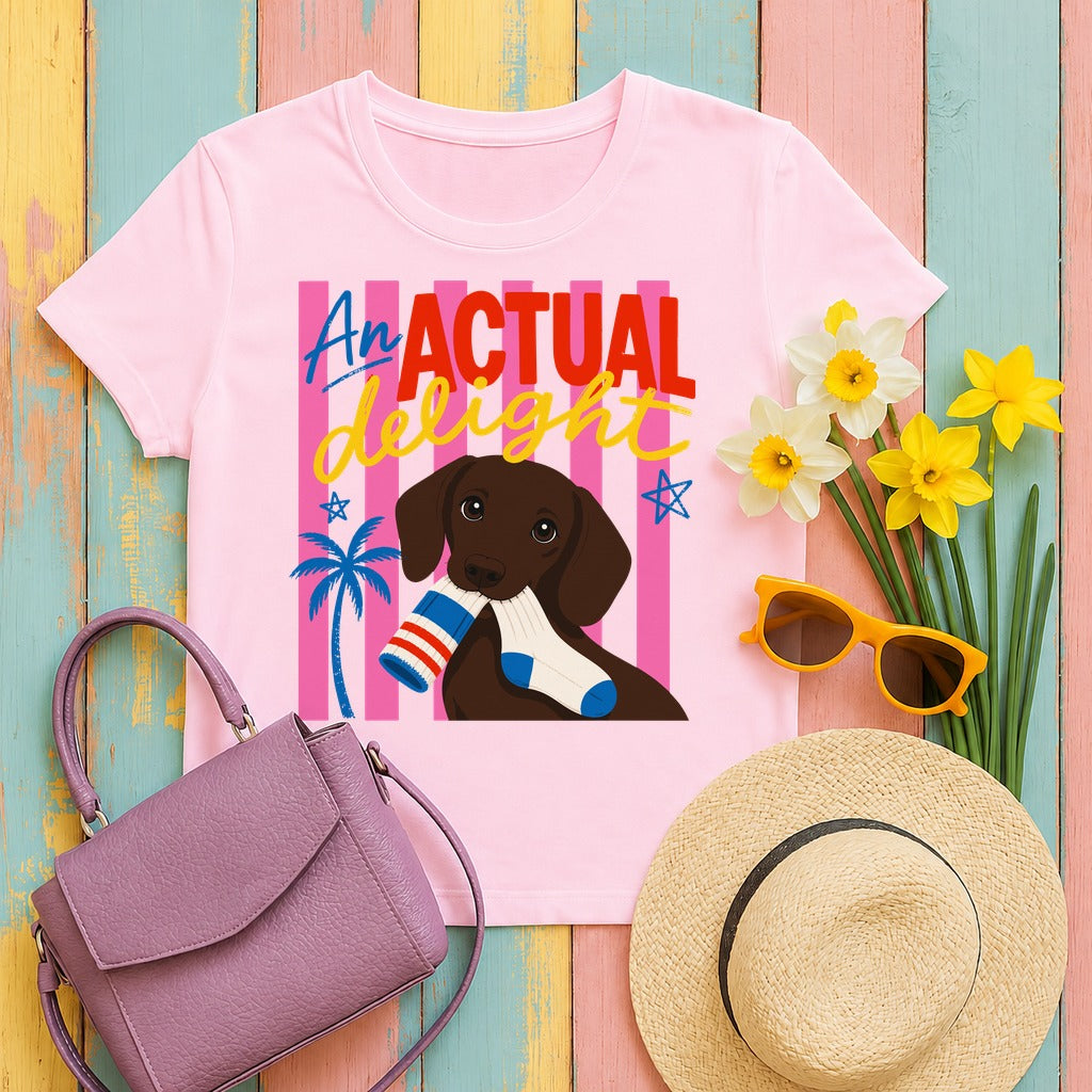 Actual Delight Dachshund & Socks T-Shirt in Light Pink