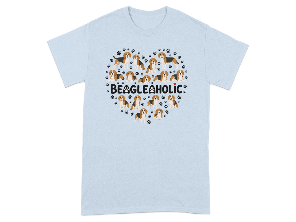 Light blue t-shirt with a heart made of beagles and paw prints and "BEAGLEHOLIC" text.