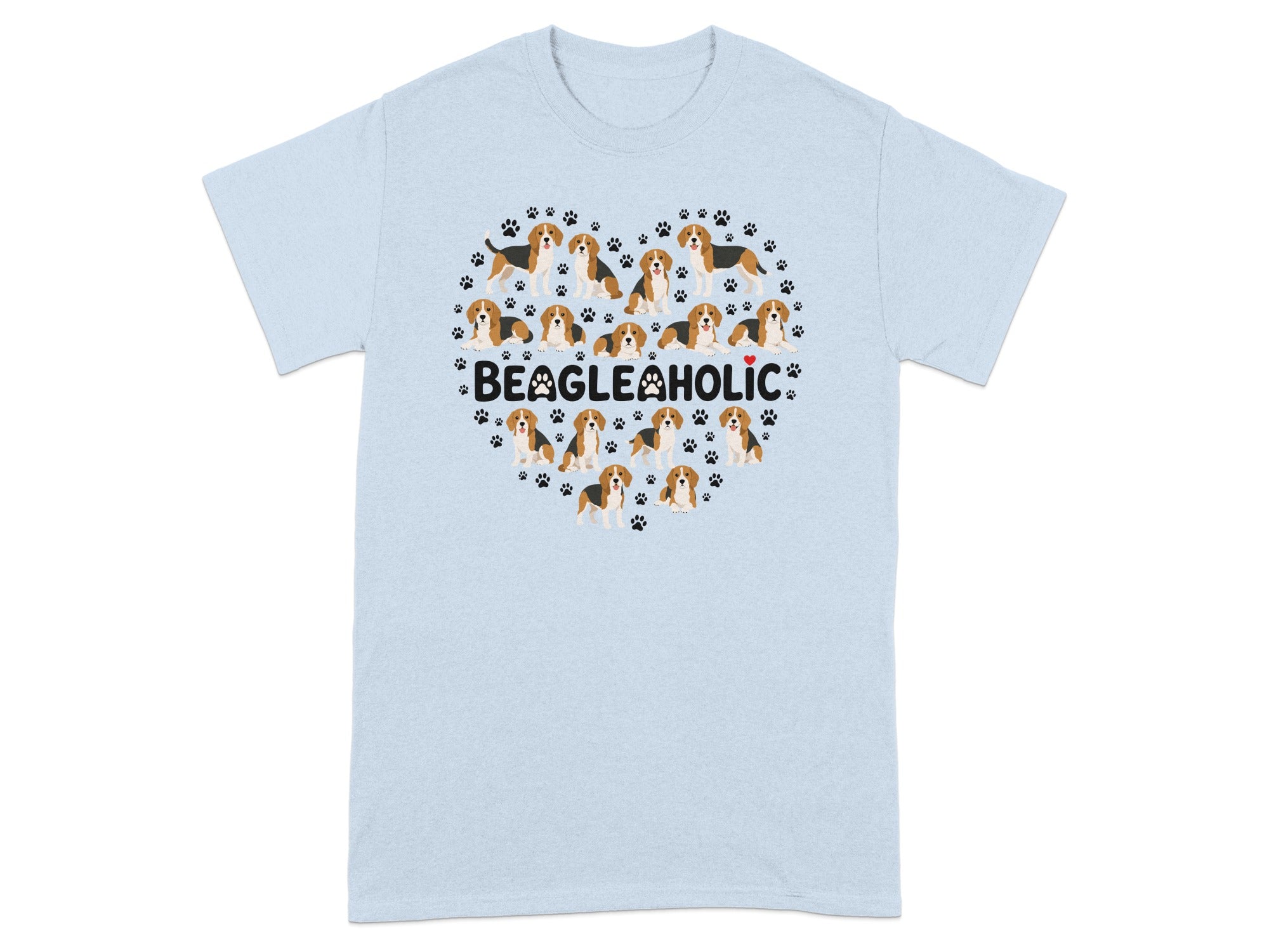 Light blue t-shirt with a heart made of beagles and paw prints and "BEAGLEHOLIC" text.