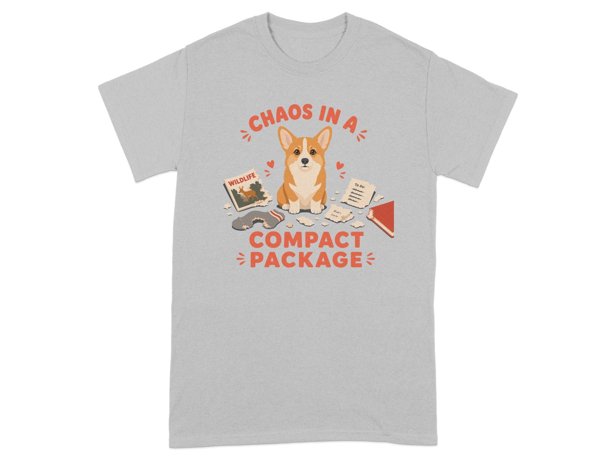 Corgi with "Chaos in a Compact Package" text, wildlife book, and to-do list.