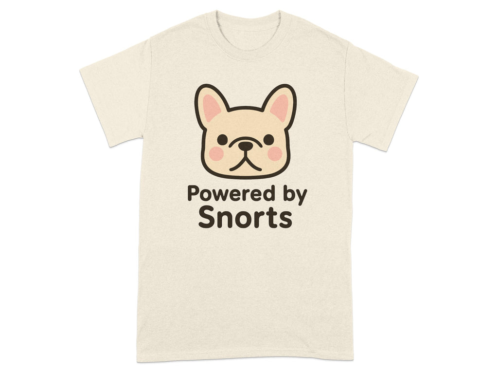 French bulldog graphic on a beige t-shirt with "Powered by Snorts" text.