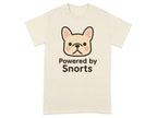 French bulldog graphic on a beige t-shirt with "Powered by Snorts" text.