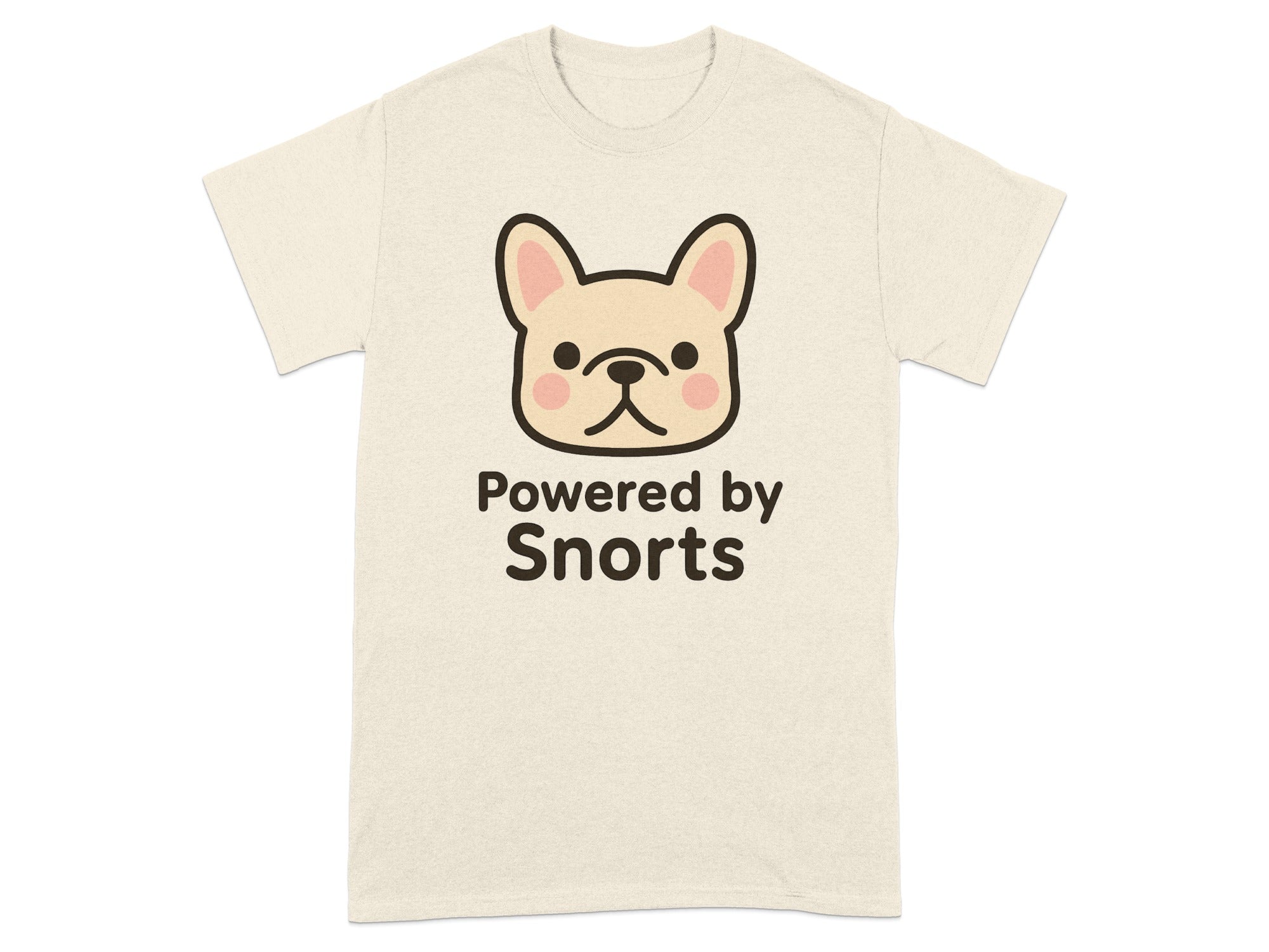 French bulldog graphic on a beige t-shirt with "Powered by Snorts" text.