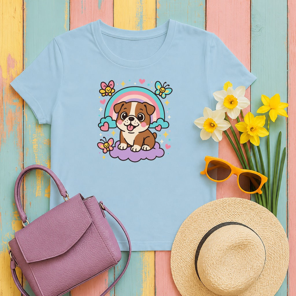 Adorable English Bulldog with Rainbow T-Shirt in Light Blue