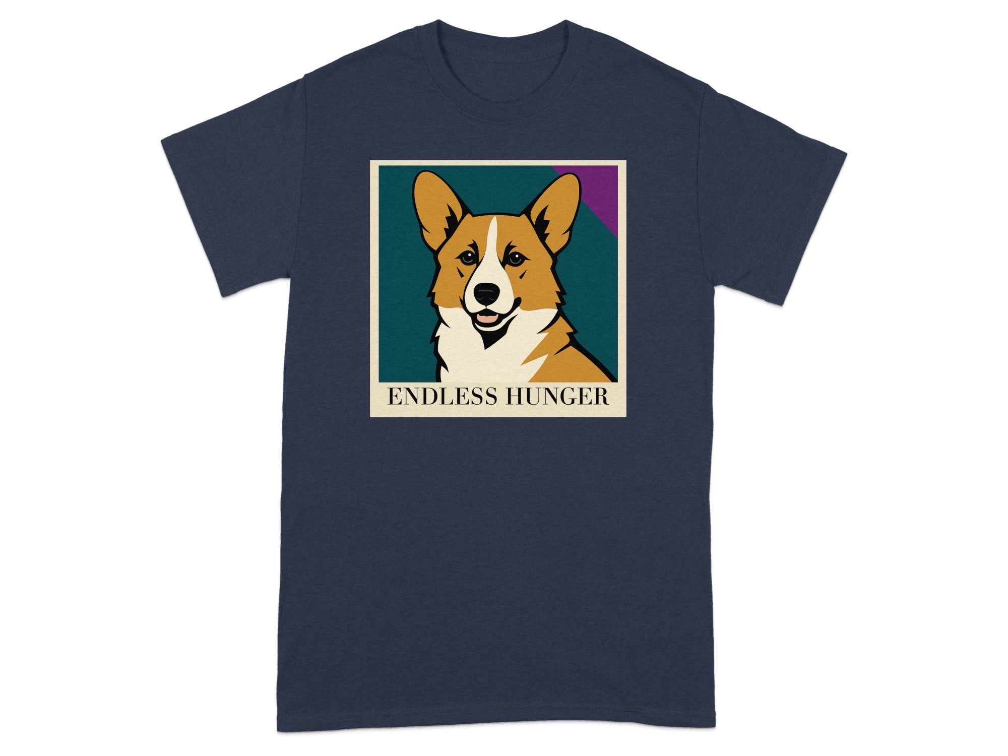 Navy t-shirt with a graphic of a smiling corgi dog and text "ENDLESS HUNGER".