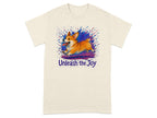 Cream t-shirt with a running corgi and "Unleash the Joy" text.