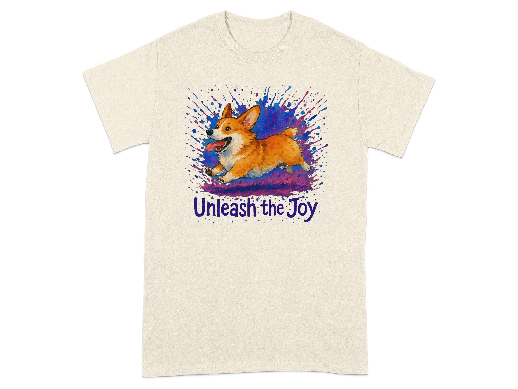 Cream t-shirt with a running corgi and "Unleash the Joy" text.