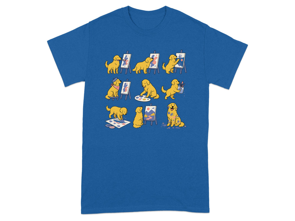 Golden retrievers painting on easels and palettes in a grid on a blue t-shirt.