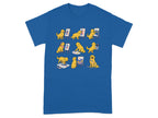 Golden retrievers painting on easels and palettes in a grid on a blue t-shirt.