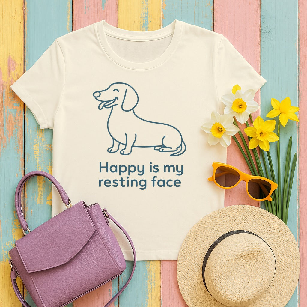Happy Is My Resting Face - Funny Dachshund T-shirt in Natural