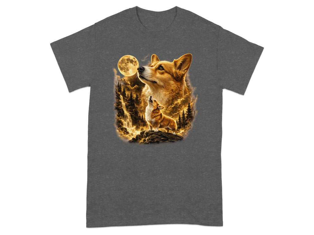 Two corgis are depicted in a mystical forest with a full moon and waterfall.