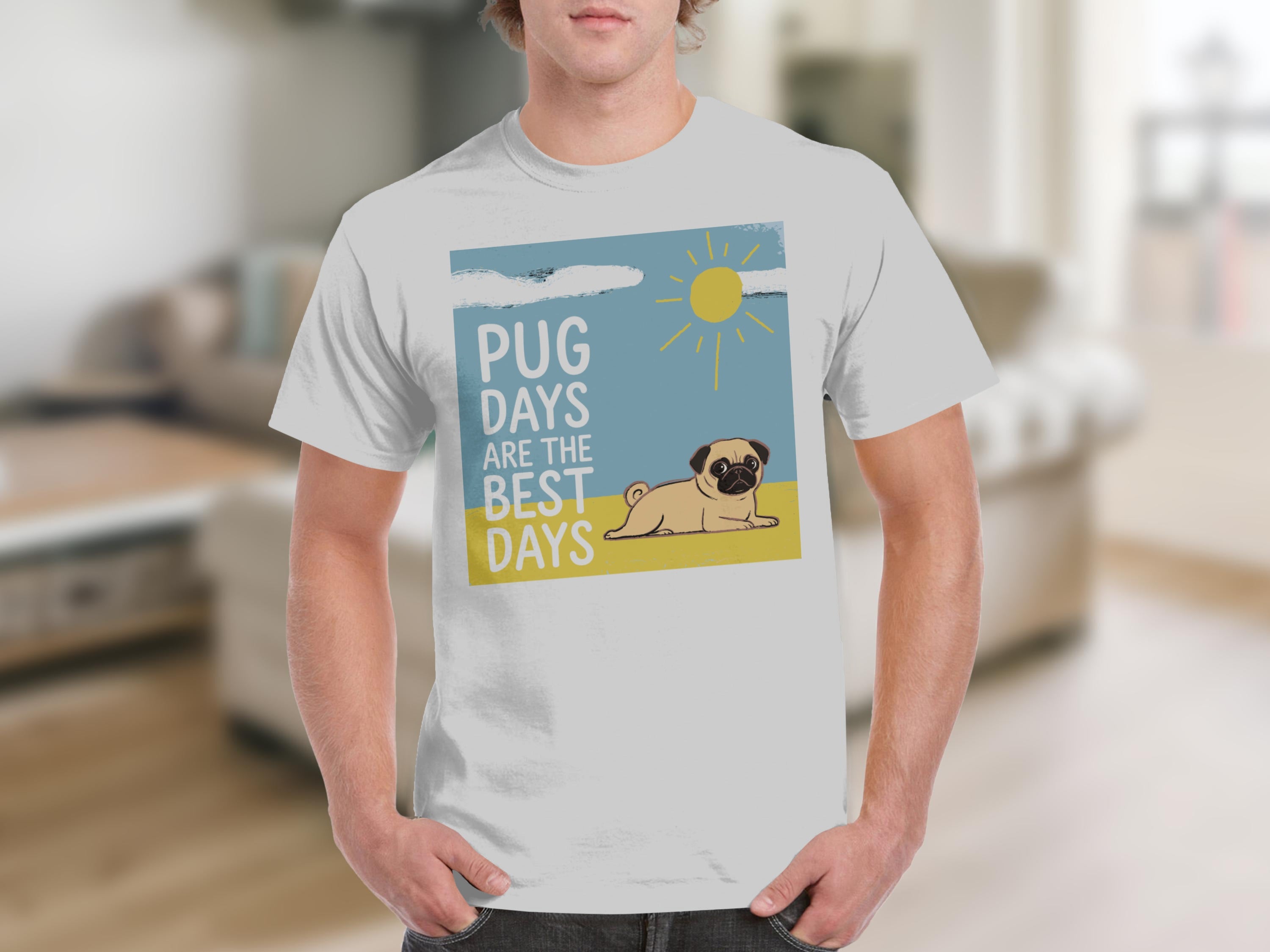White t-shirt with a pug and "Pug days are the best days" text.