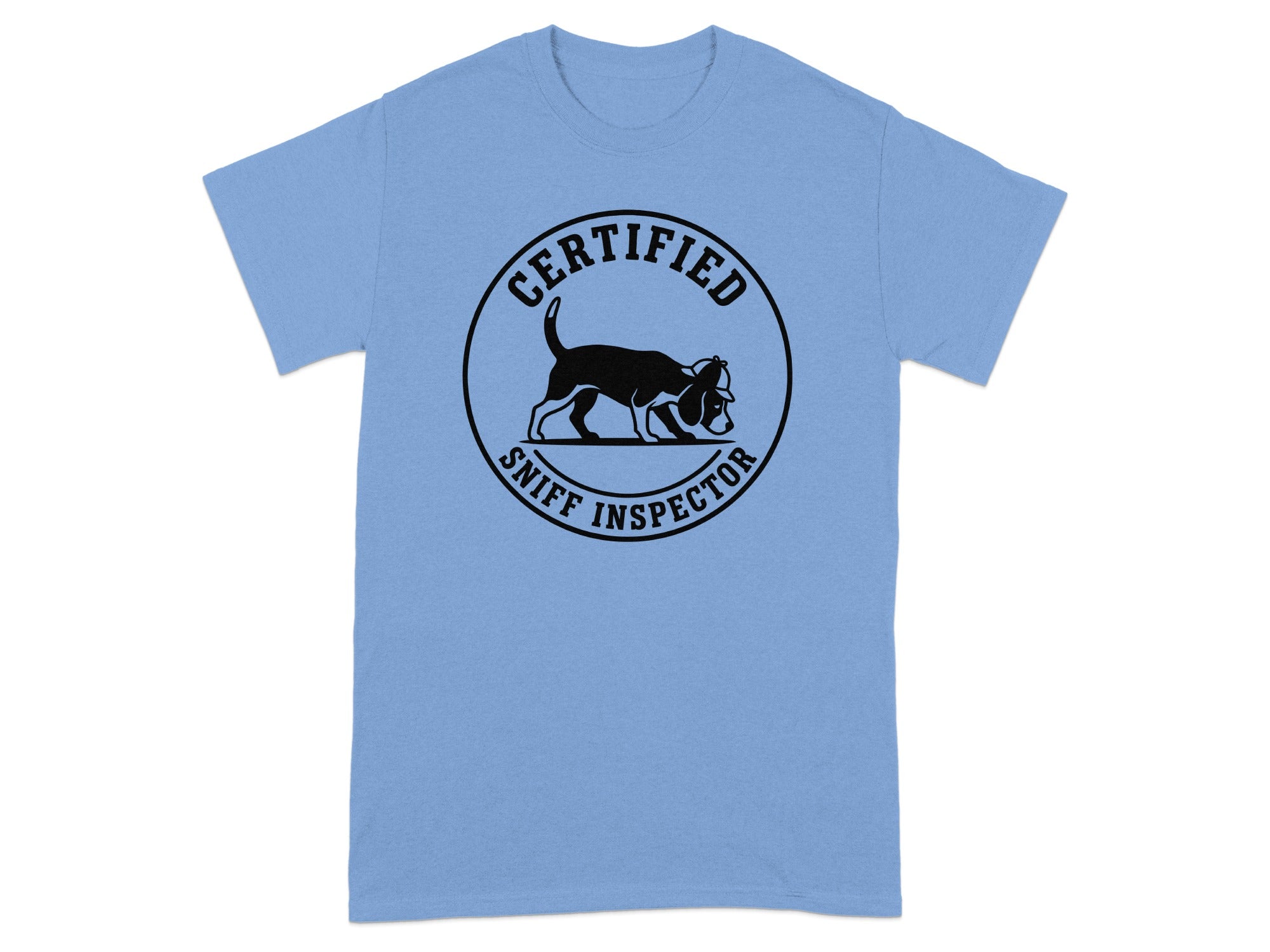 Light blue t-shirt with circular "Certified Sniff Inspector" logo featuring a dog.