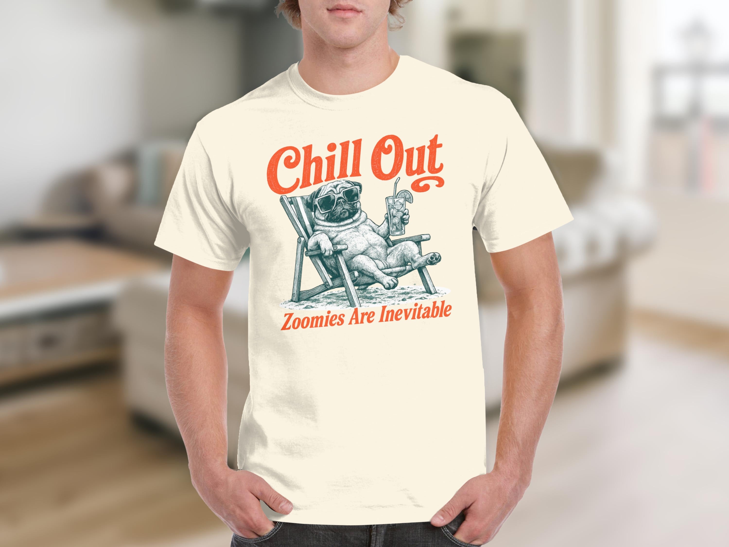 T-shirt with a pug wearing sunglasses in a beach chair with text "Chill Out" and "Zoomies Are Inevitable".