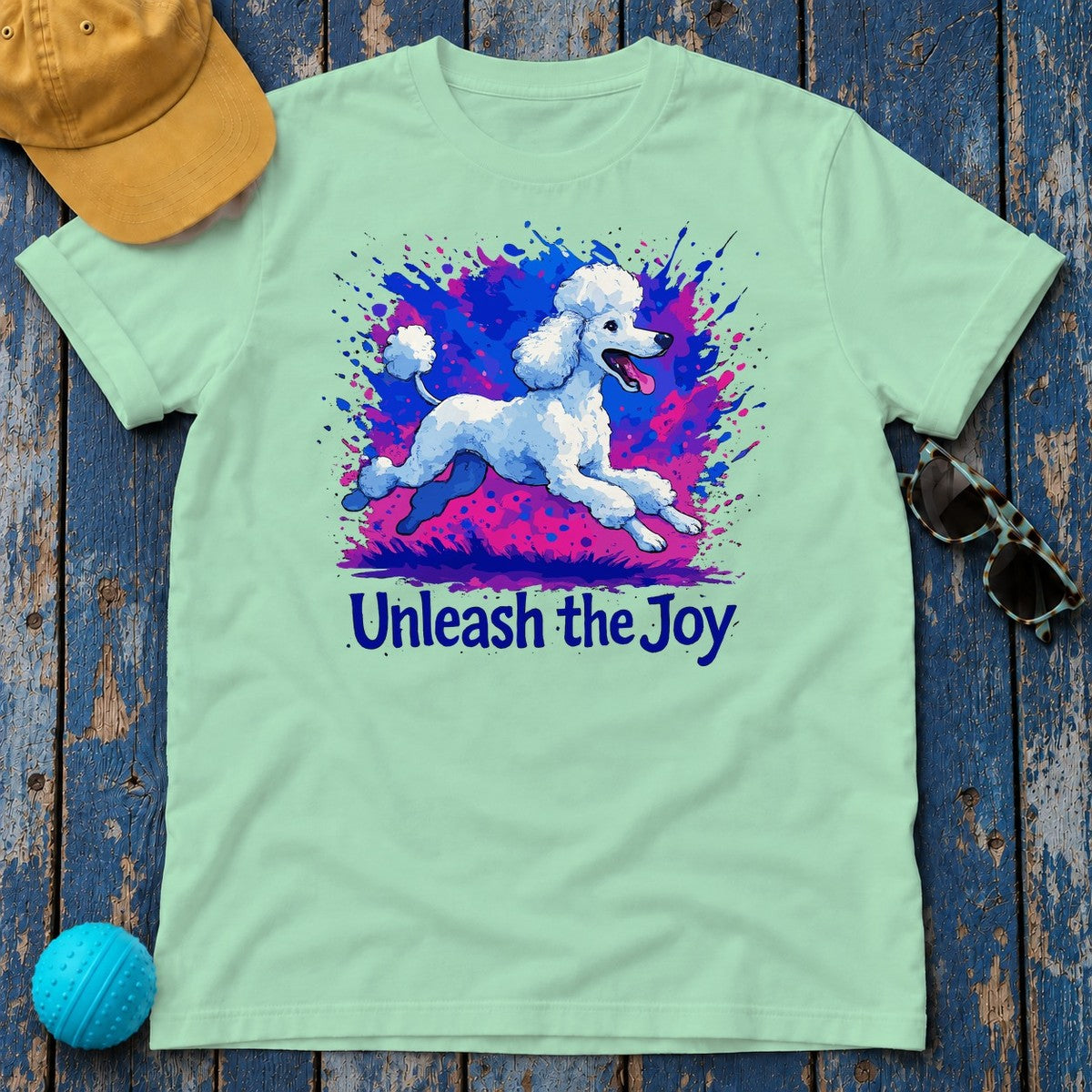 Joyful Poodle Splash Art T-Shirt in Mint Green