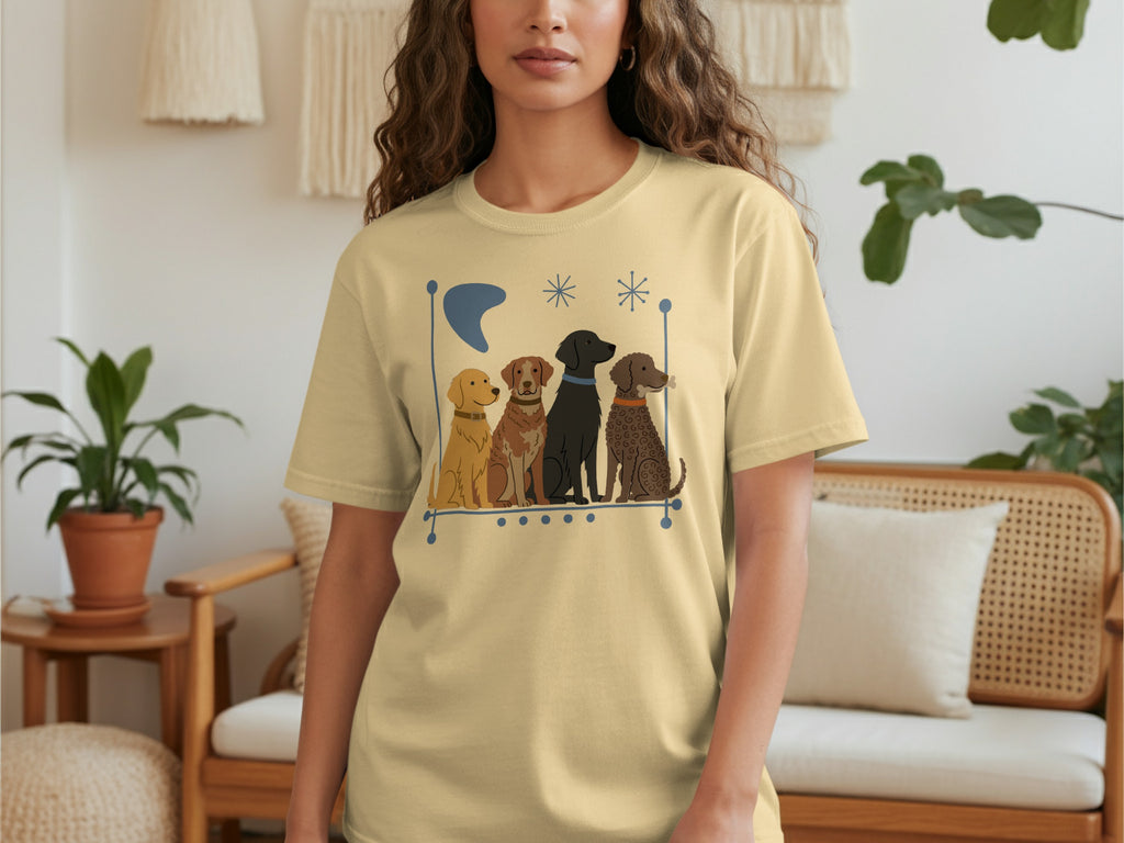Yellow t-shirt with four dogs of different breeds in a line.