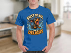Blue t-shirt with cartoon dachshund splashing in water, text "First of all, I'm a delight."