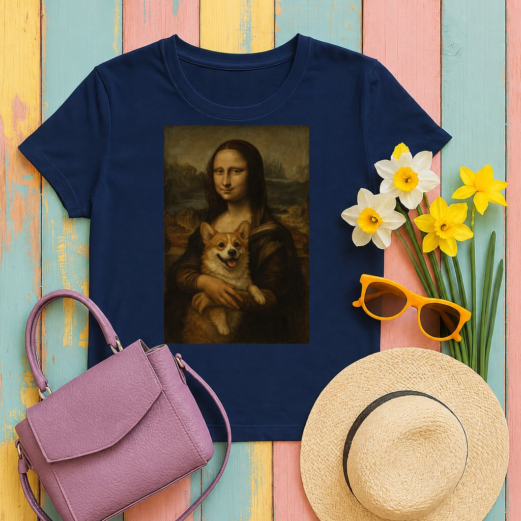 Mona Lisa and Corgi Fine Art Portrait Funny Meme T-Shirt in Navy