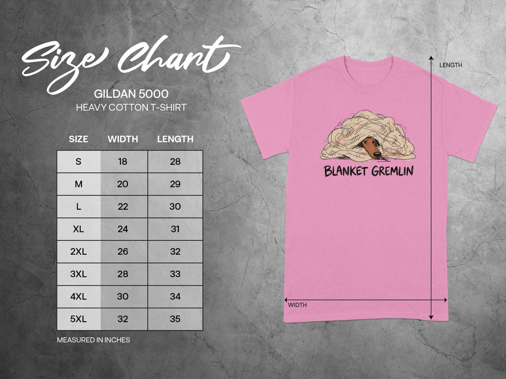 Gildan 5000 size chart showing t-shirt dimensions for Blanket Gremlin design.