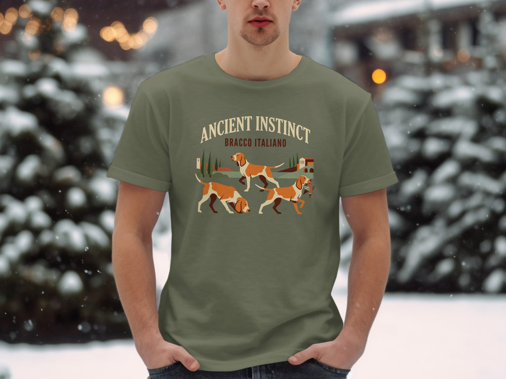 Green t-shirt with Bracco Italiano dogs and text "Ancient Instinct".