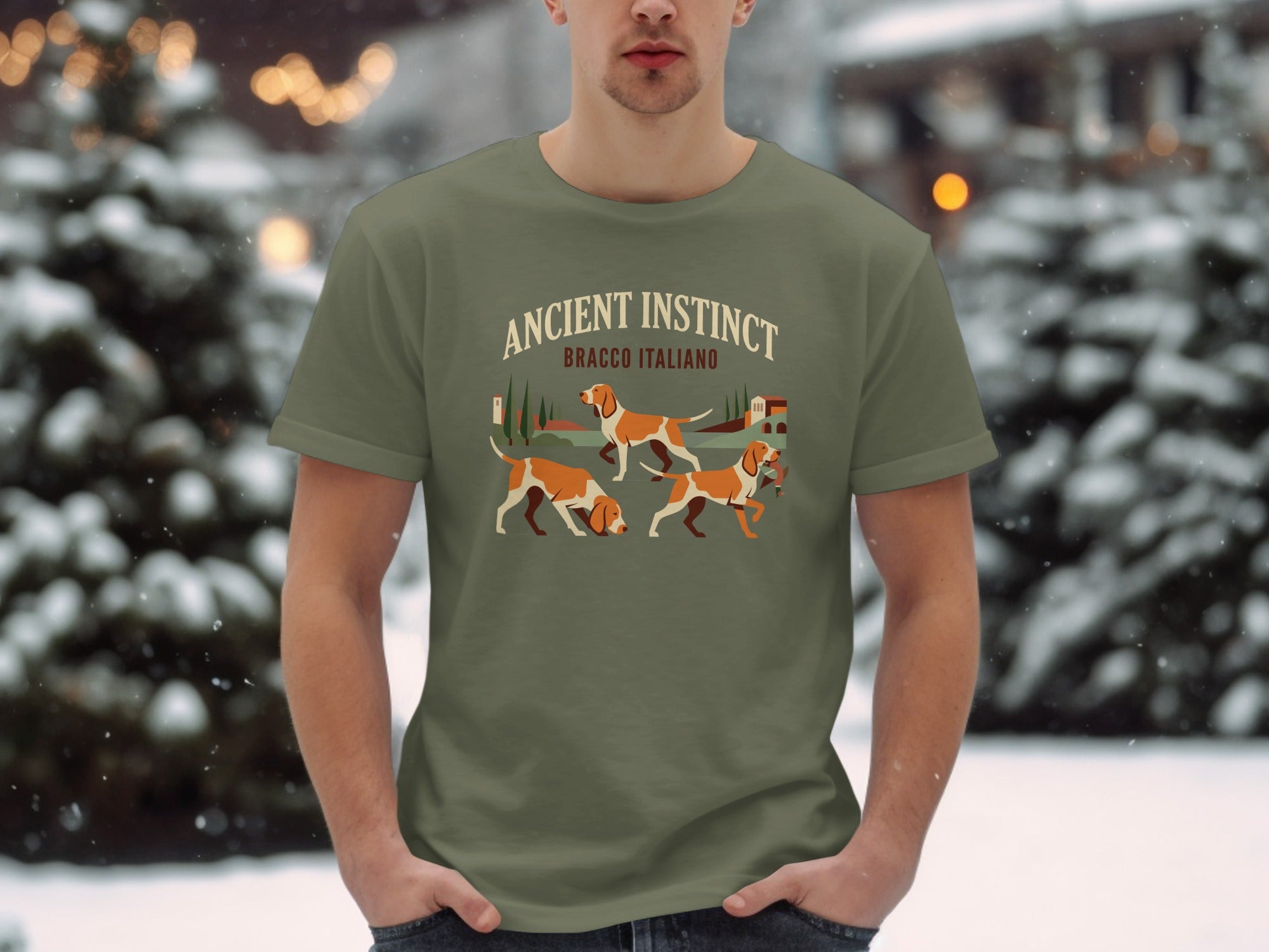 Green t-shirt with Bracco Italiano dogs and text "Ancient Instinct".