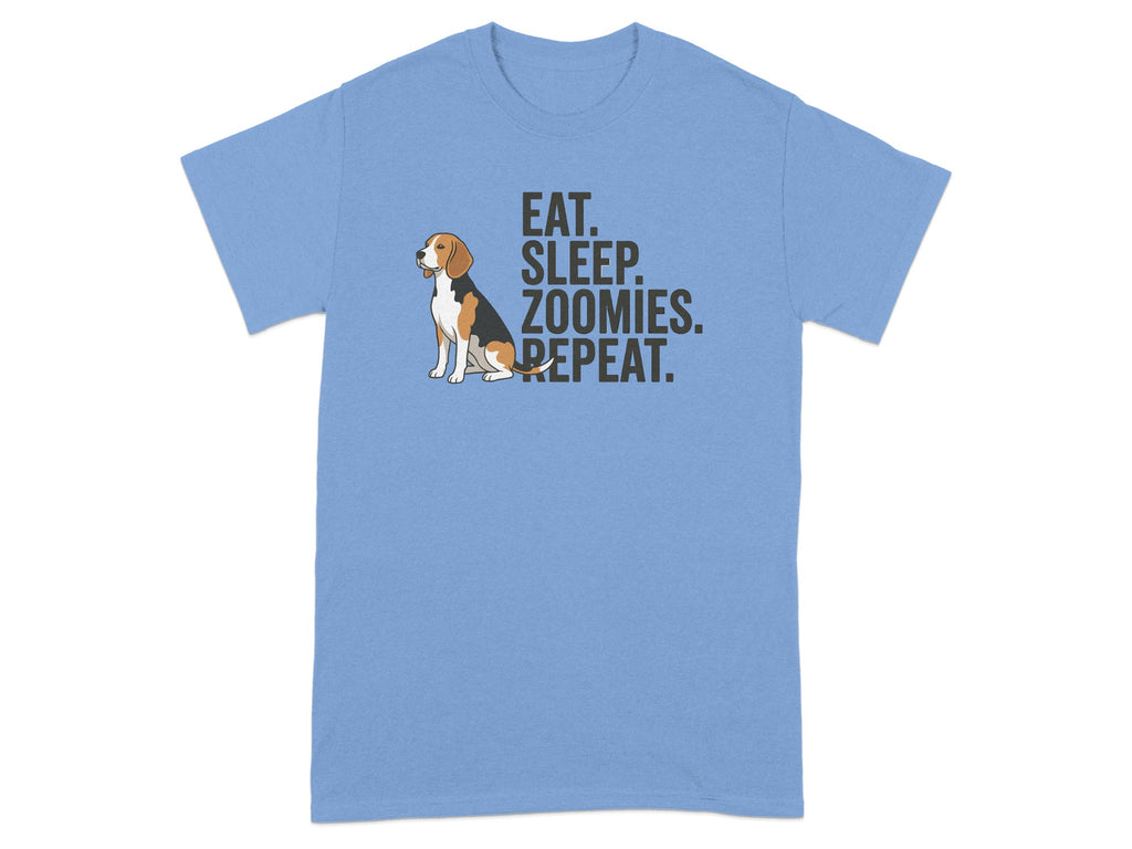Light blue t-shirt with a beagle and "EAT. SLEEP. ZOOMIES. REPEAT." text.