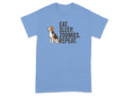 Light blue t-shirt with a beagle and "EAT. SLEEP. ZOOMIES. REPEAT." text.