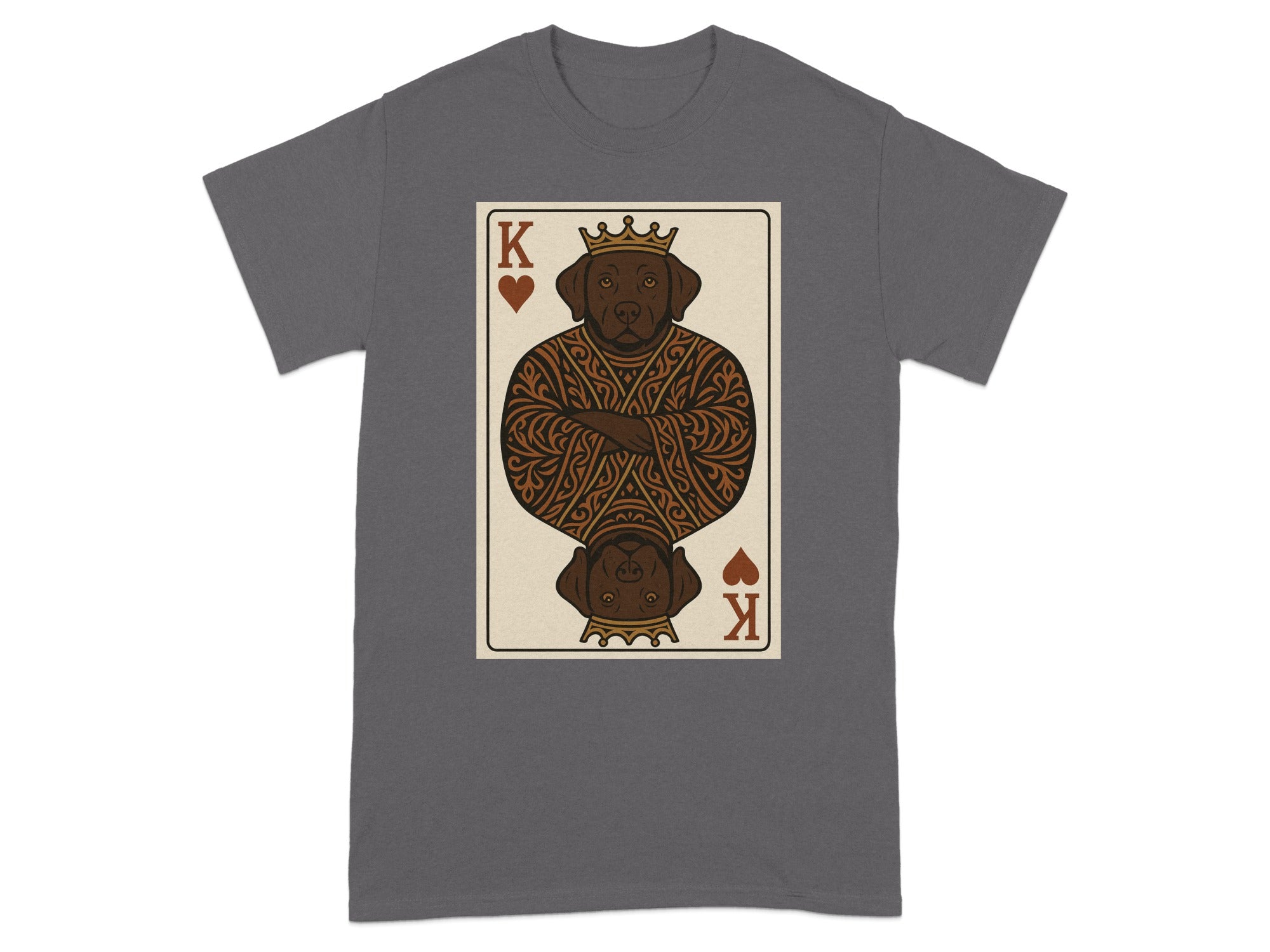 Dark grey t-shirt featuring King of Hearts playing card with a dog's head.