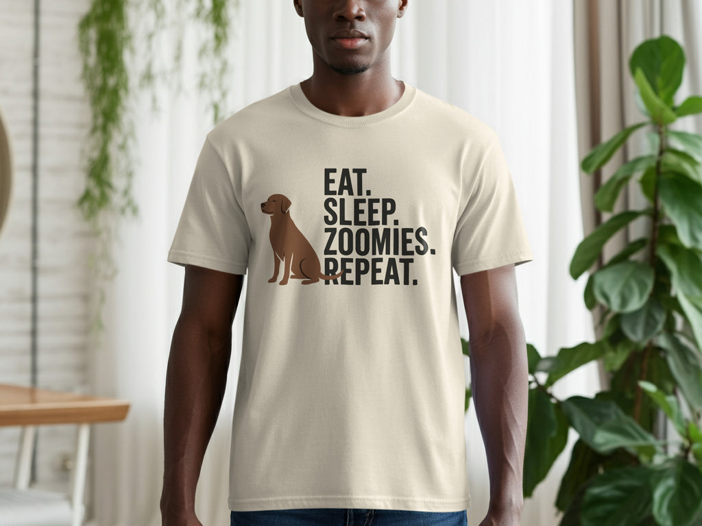 T-shirt with "EAT. SLEEP. ZOOMIES. REPEAT." and a dog illustration.