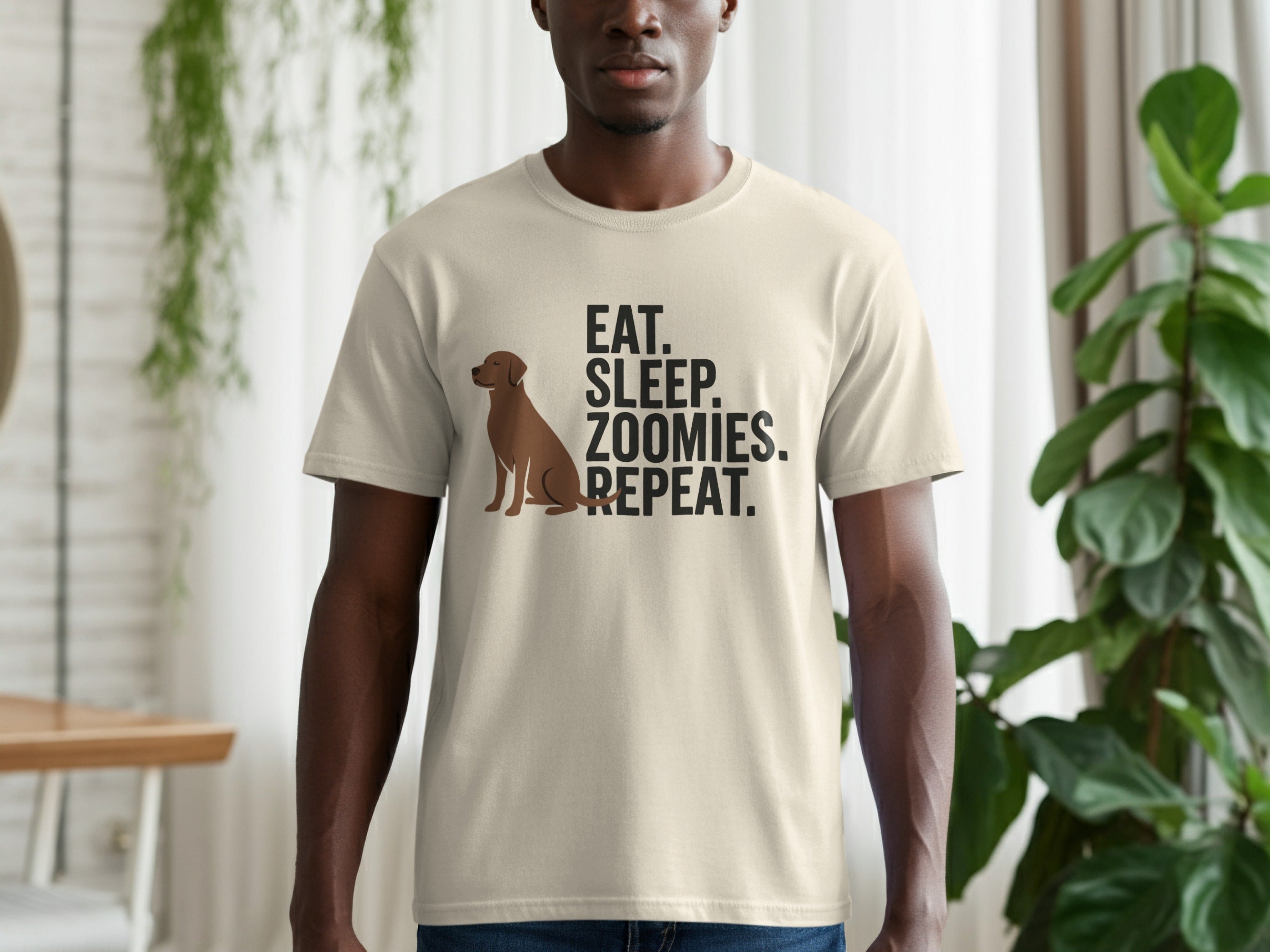 T-shirt with "EAT. SLEEP. ZOOMIES. REPEAT." and a dog illustration.