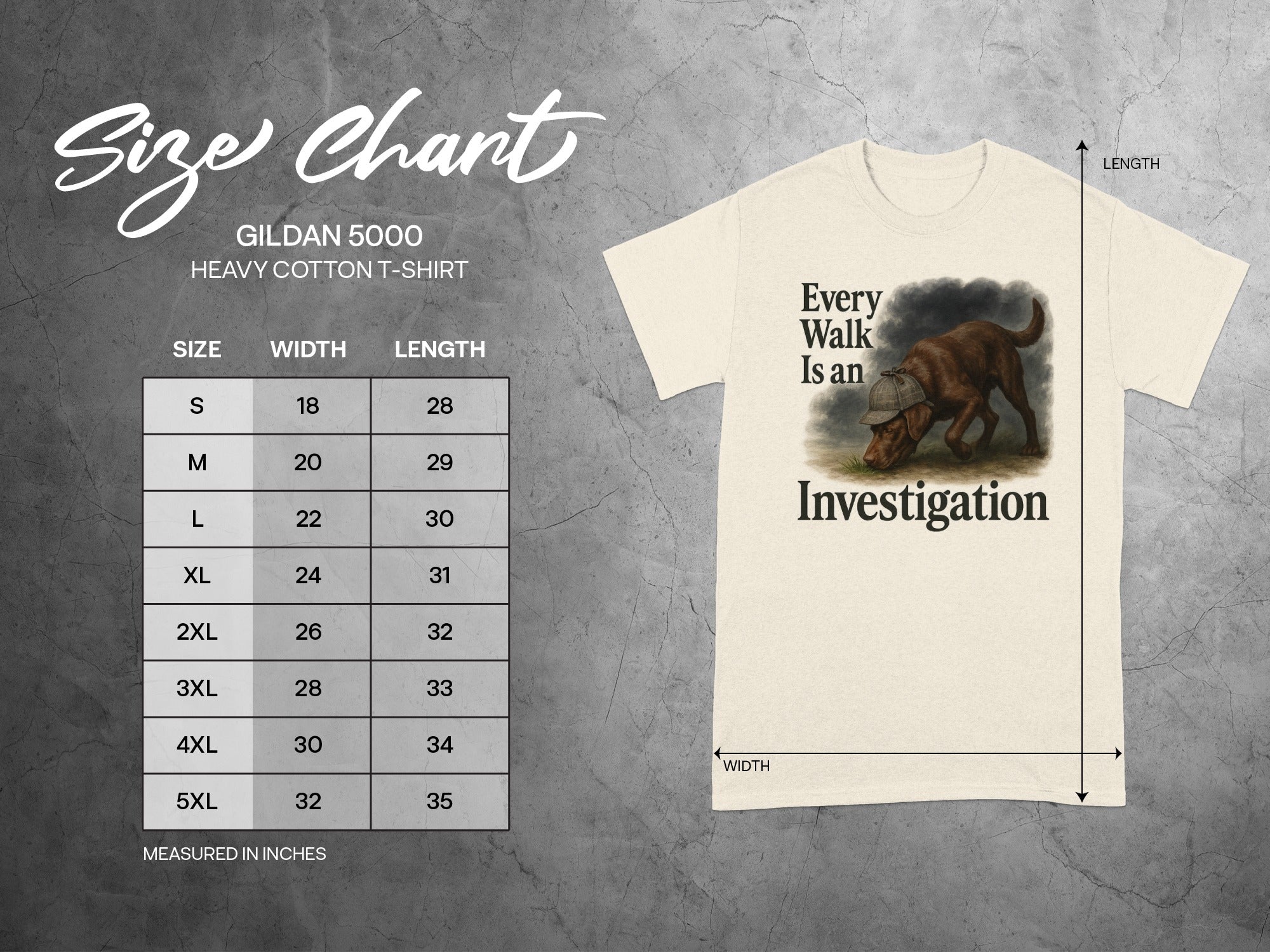 Gildan 5000 Heavy Cotton T-Shirt size chart with dog graphic.