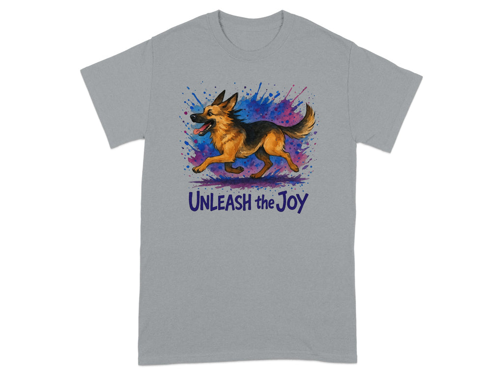 Grey t-shirt with running German Shepherd and text "Unleash the Joy".