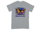 Grey t-shirt with running German Shepherd and text "Unleash the Joy".