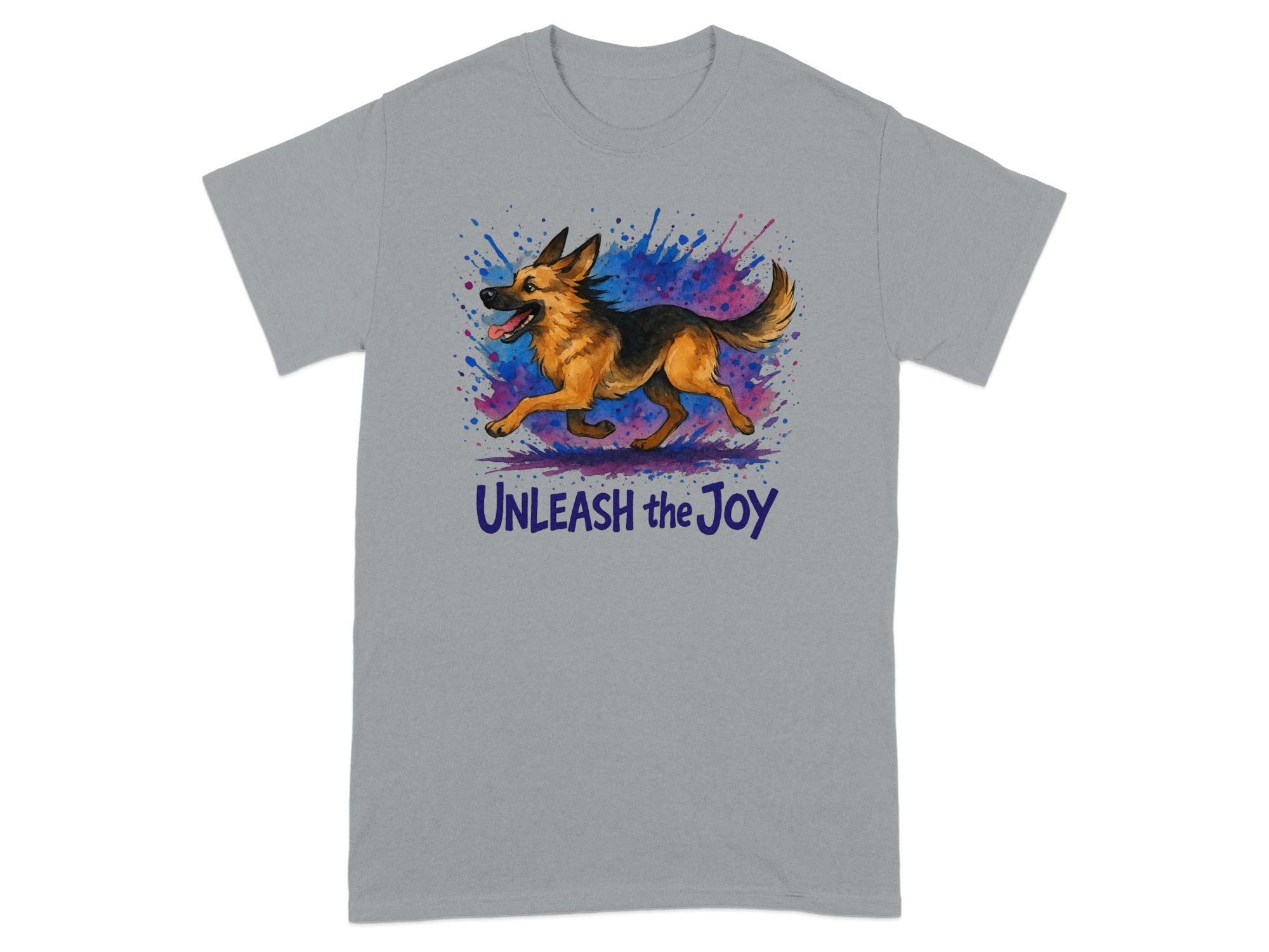 Grey t-shirt with running German Shepherd and text "Unleash the Joy".
