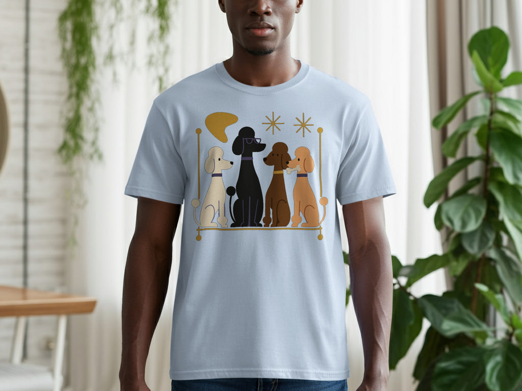 Light blue t-shirt with graphic of four poodles sitting on a shelf with abstract shapes.