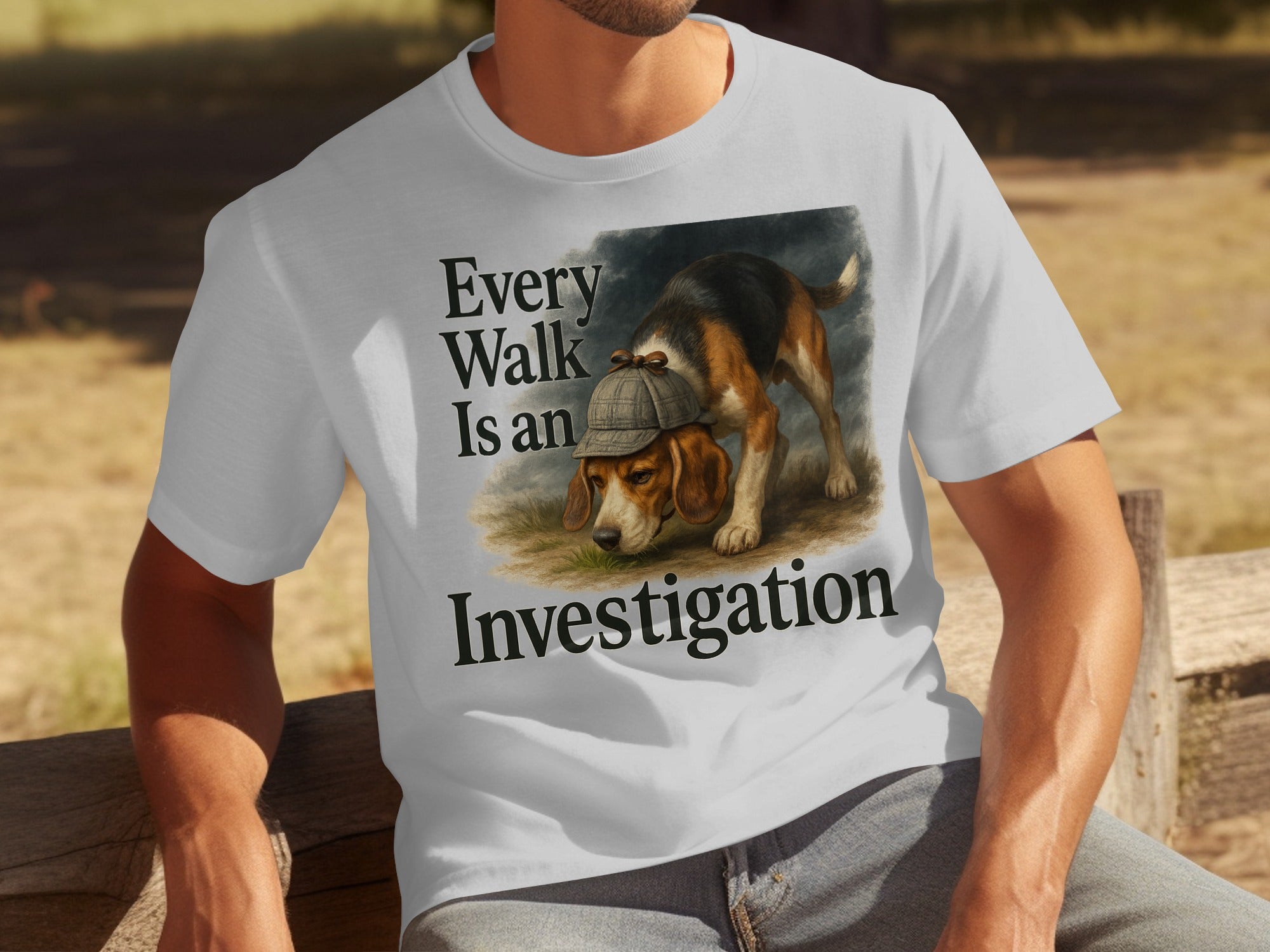 White t-shirt with beagle wearing hat and text "Every Walk Is an Investigation".