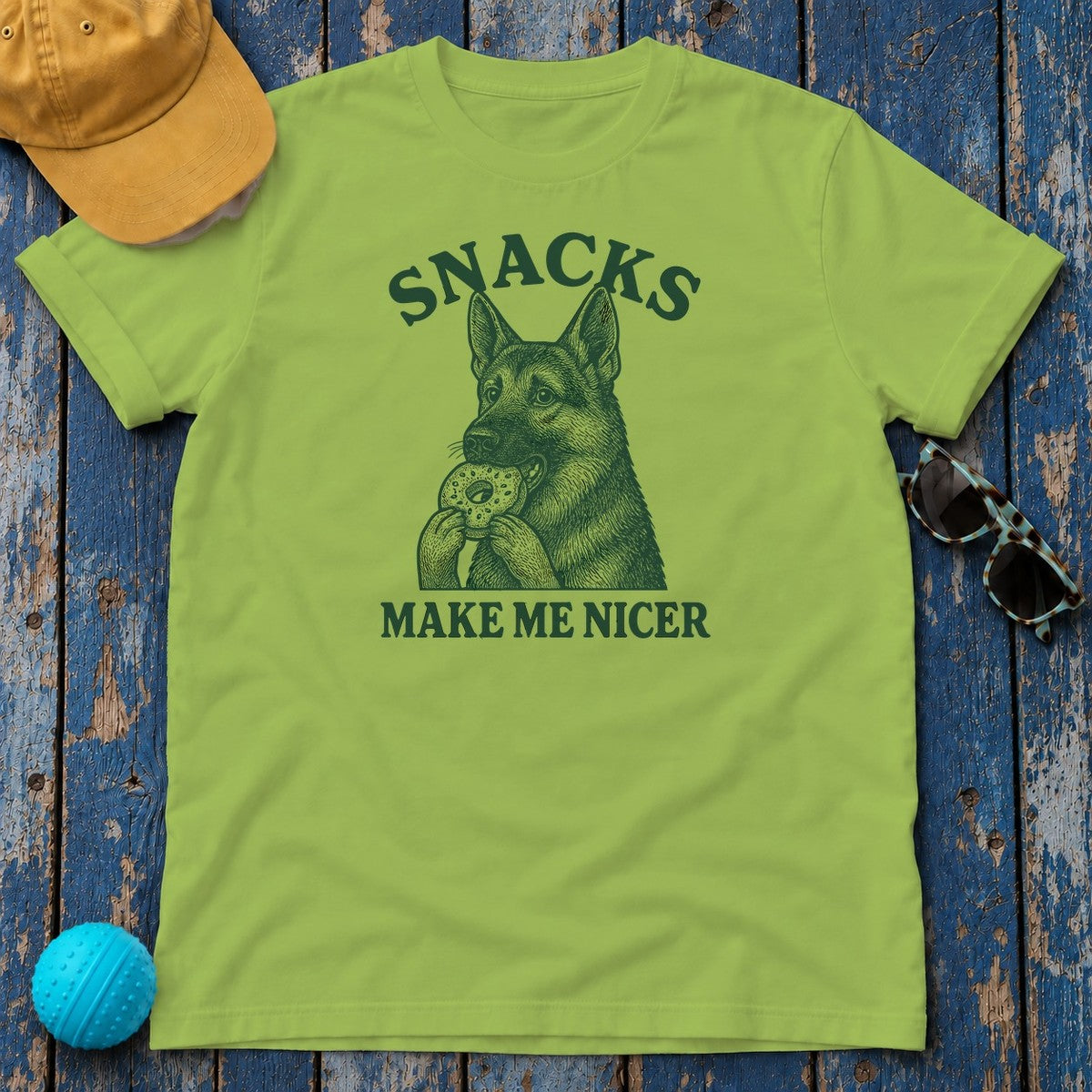 Snacks Make Me Nicer Funny German Shepherd With Donut Cute T-Shirt in Kiwi