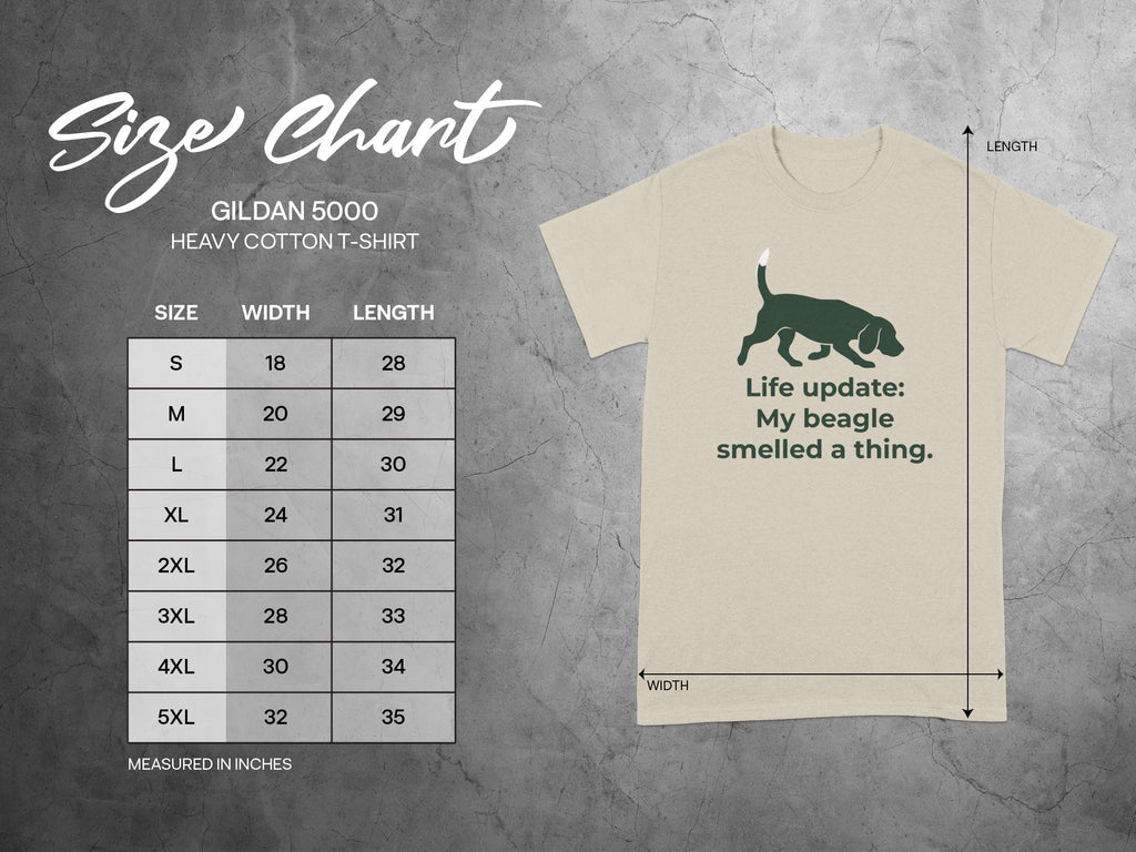 Gildan 5000 heavy cotton t-shirt size chart with beagle graphic.
