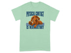 Vizsla dog on a mat, text reads "PHYSICAL CONTACT IS MANDATORY".