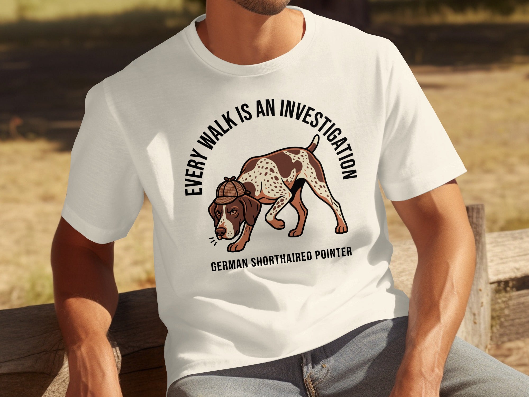 German Shorthaired Pointer wearing a deerstalker hat, text: EVERY WALK IS AN INVESTIGATION.