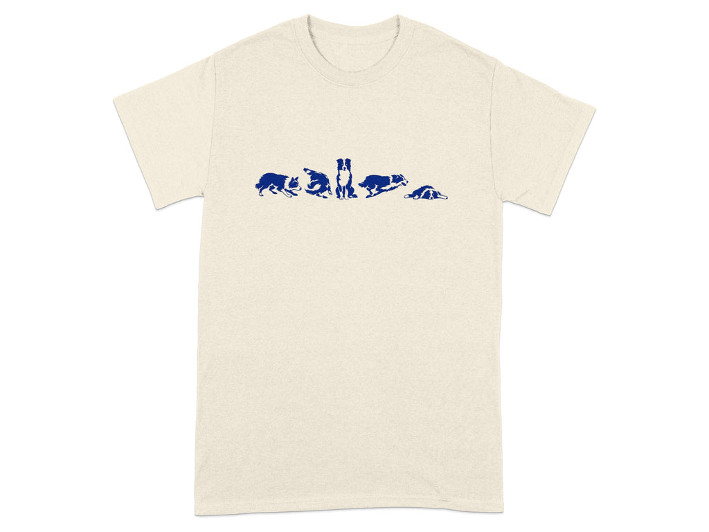 T-shirt with a blue graphic of five dogs in various poses.
