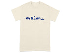 T-shirt with a blue graphic of five dogs in various poses.