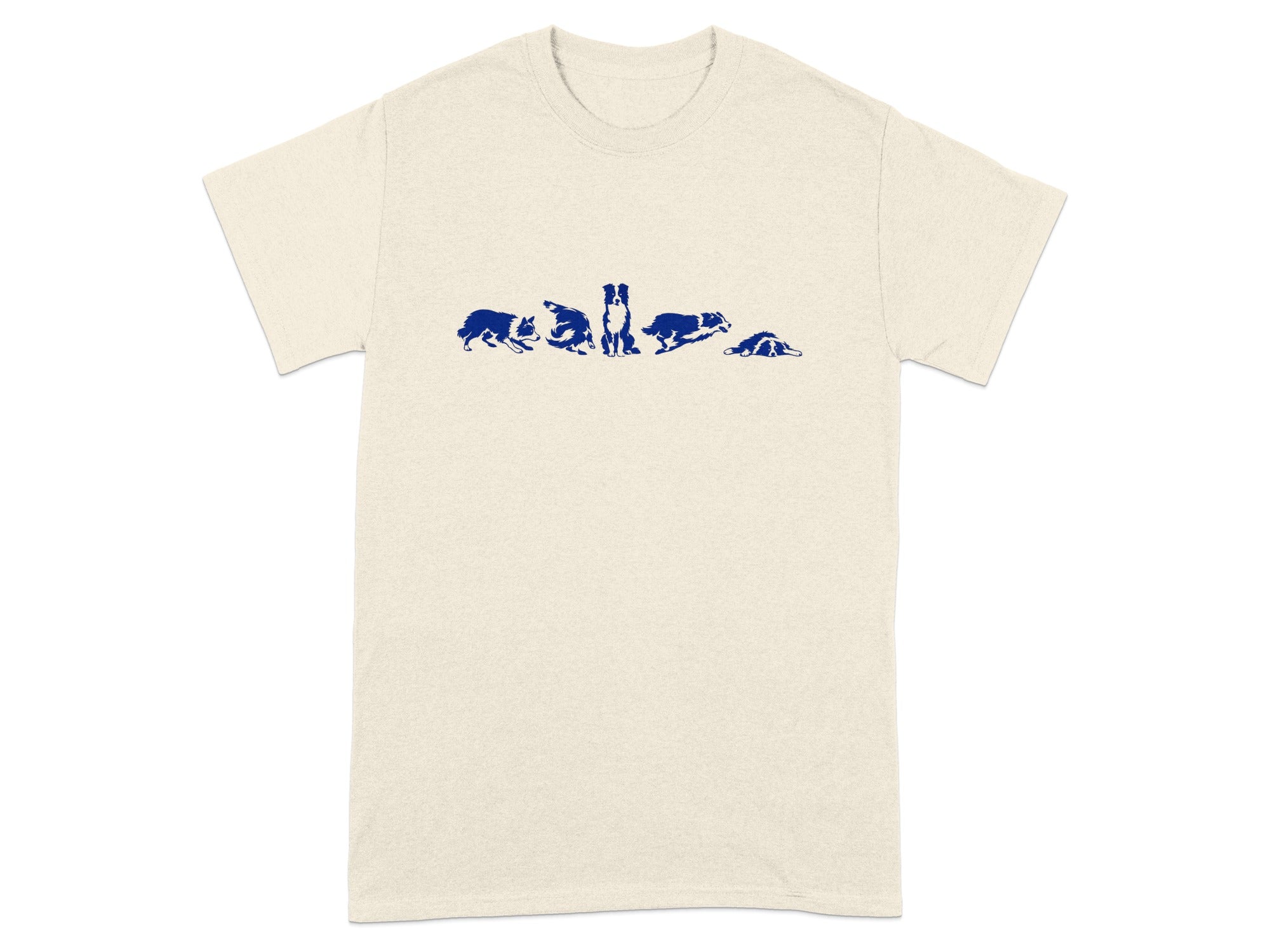 T-shirt with a blue graphic of five dogs in various poses.