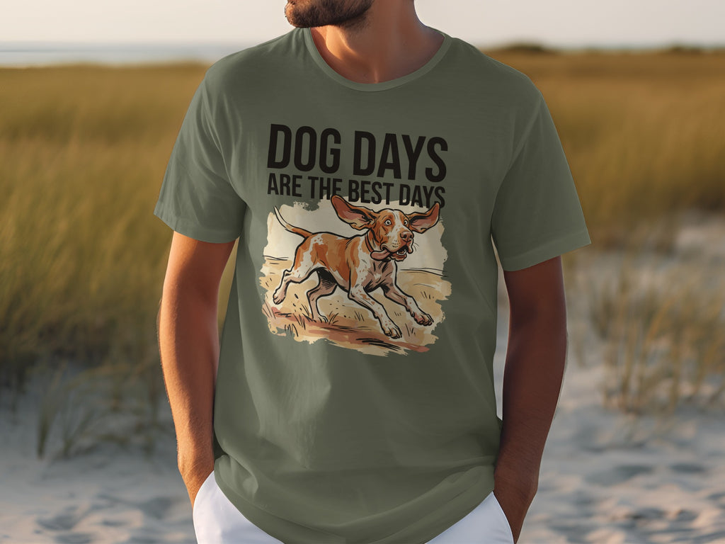 Green t-shirt with "DOG DAYS ARE THE BEST DAYS" and a dog running.