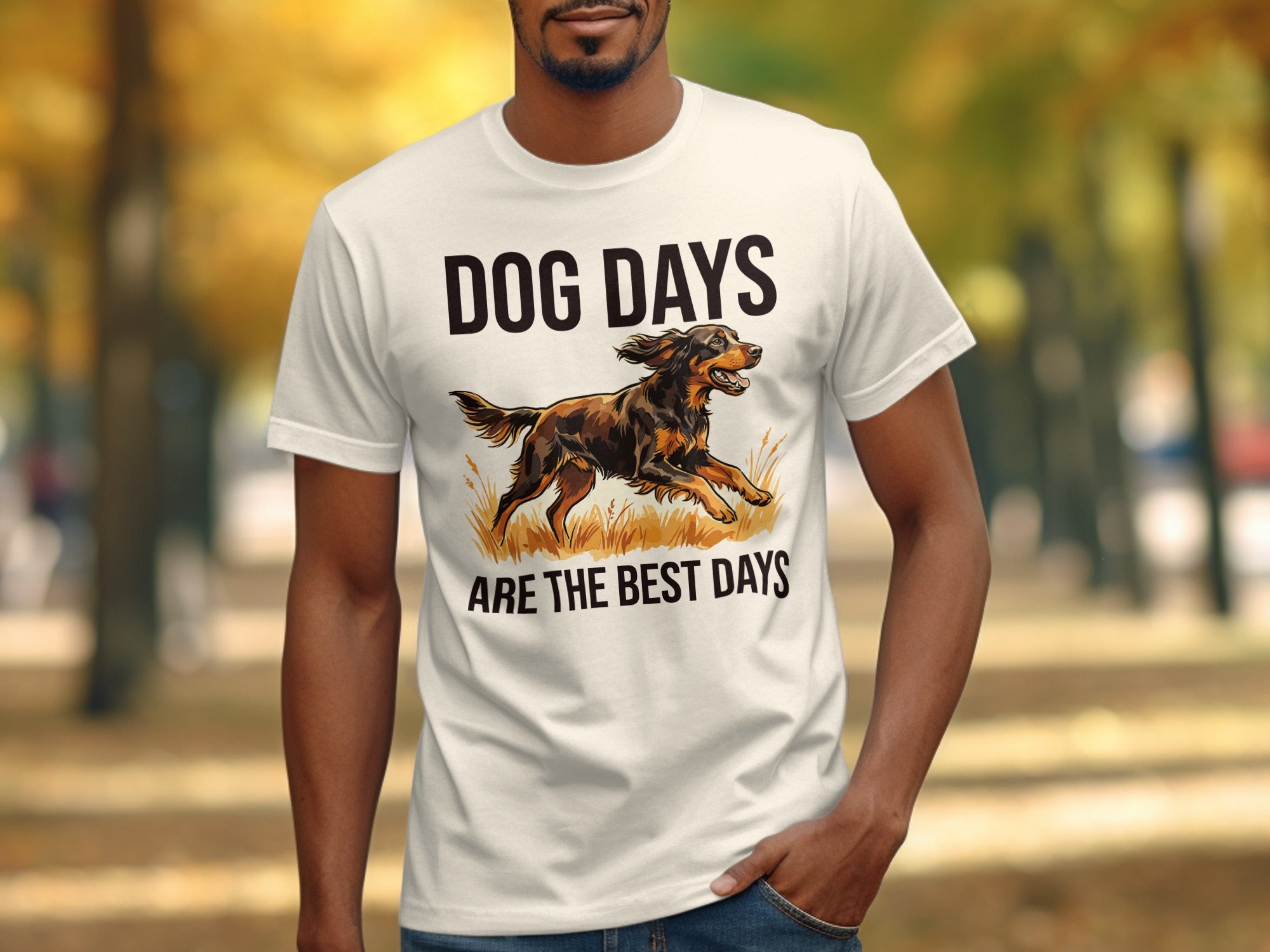 White t-shirt with "DOG DAYS ARE THE BEST DAYS" and dog illustration.