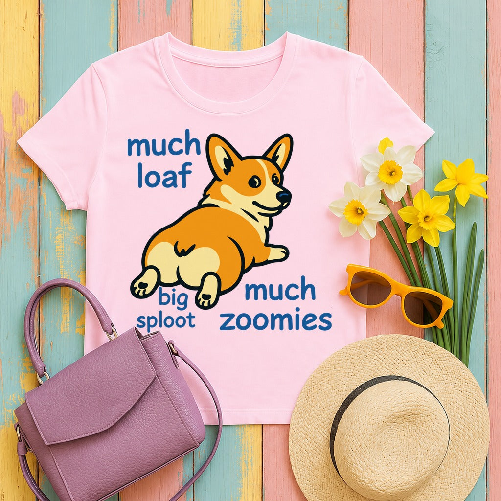 Much Loaf & Sploot Corgi T-Shirt in Light Pink